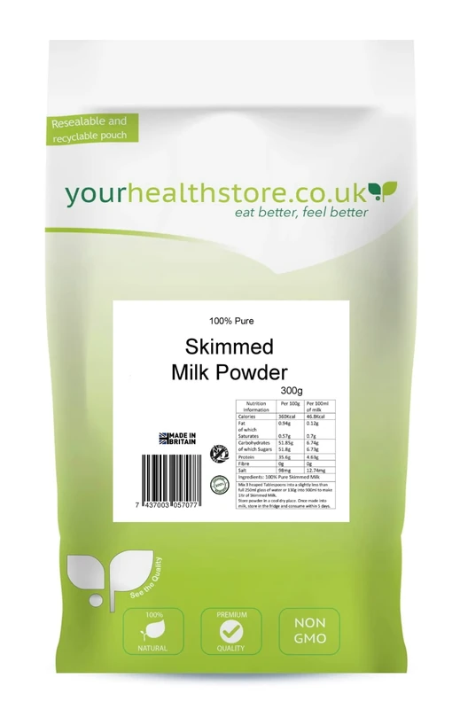 yourhealthstore 100% Pure Skimmed Milk Powder 300g, Made in Britain with British Milk, Low in Fat, No Additives, No Soy Lecithin, No Bovaer, Vegetarian, (Recyclable Pouch)