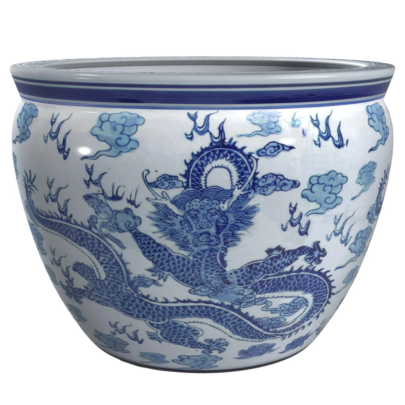 Red Lantern Oriental Furniture 14" Dragon Blue & White Porcelain Fishbowl