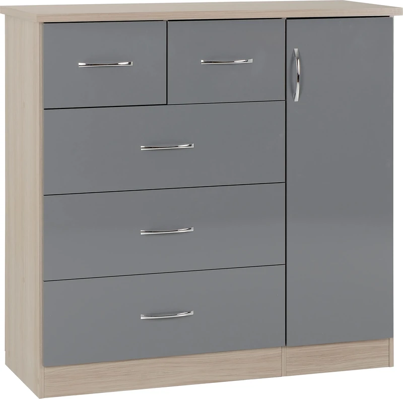 Seconique Nevada 5 Drawer Low Wardrobe in Grey Gloss/Light Oak Effect Veneer