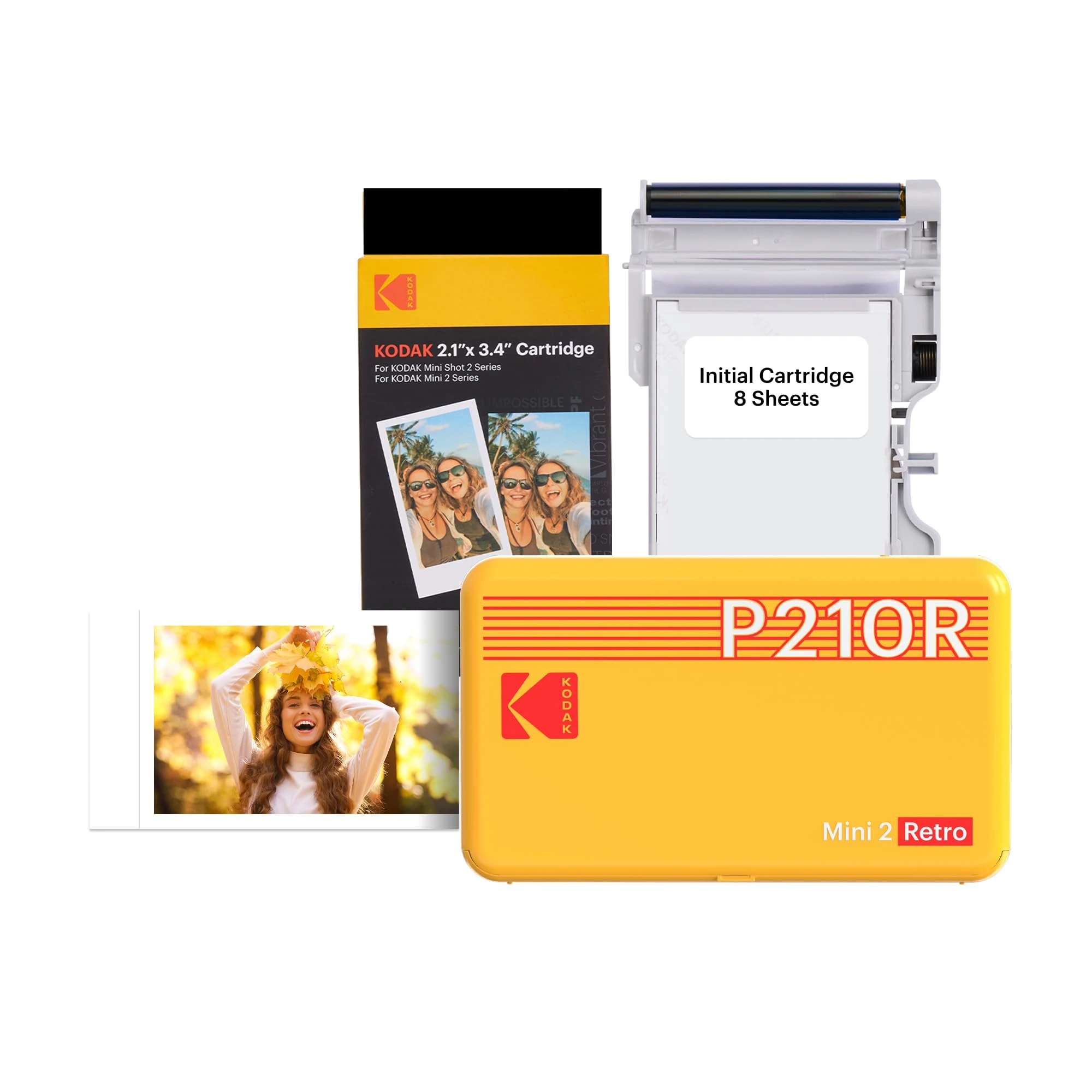 KODAK Mini 2 Retro 4PASS Portable Photo Printer (2.1x3.4 inches) Initial 8 Sheets + 60 Sheets Pack Bundle, Yellow