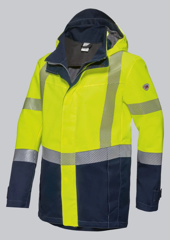 BP 2223-891-6614-Sn Weatherproof Vest, Stand-Up Collar, Detachable Hood, 265.00 g/m², Warning Yellow/Midnight Blue, Sn