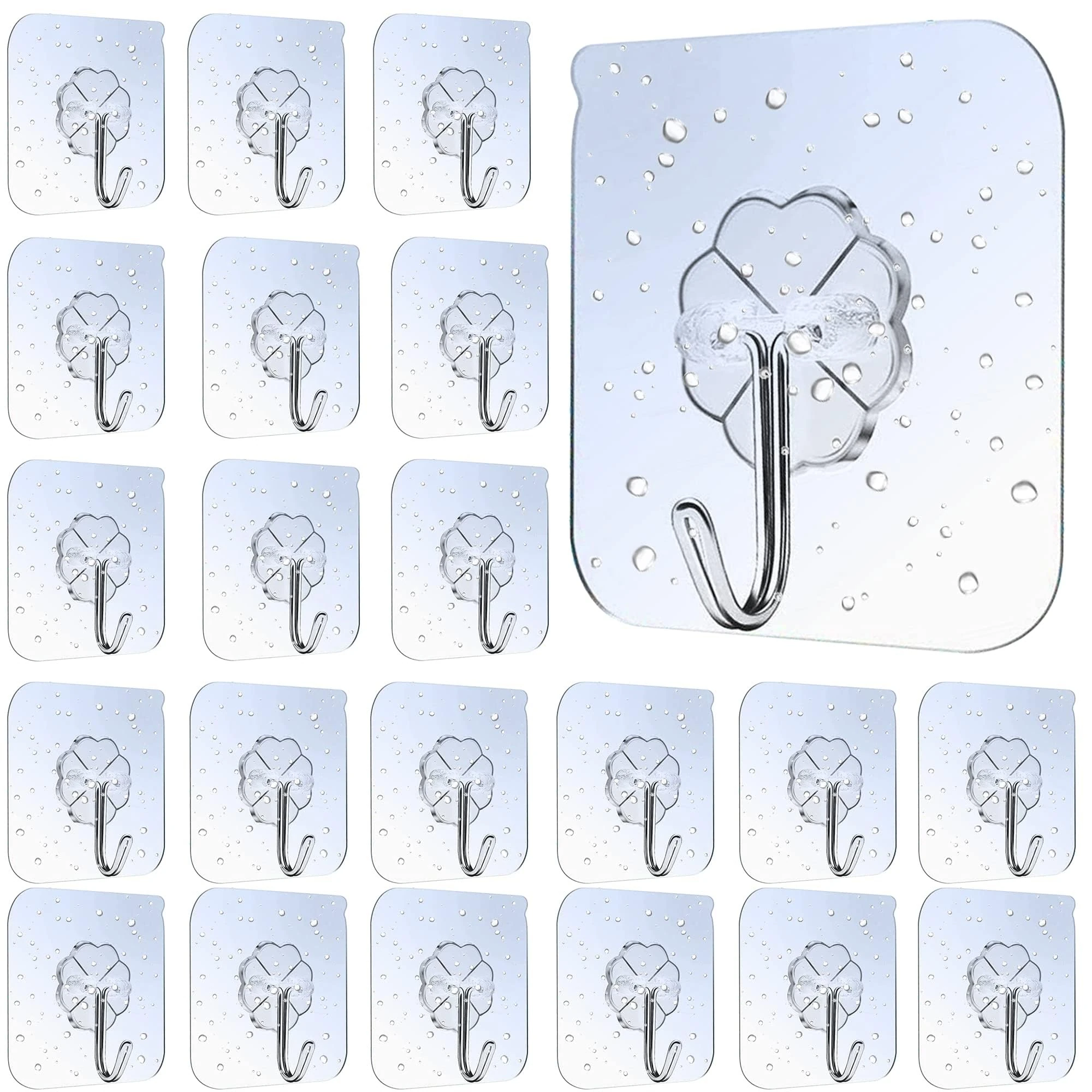 Lamondre 30 Pcs Sticky Hooks for Hanging, Transparent Self Adhesive Hooks for Wall, Bathroom, Kitchen