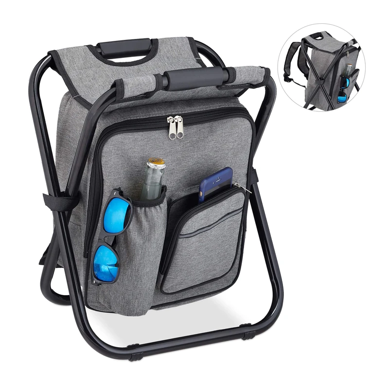 Relaxdays Camping Stool, Pockets, Folding, Portable, Lightweight & Stable, Backpack, Polyester, 43 x 35 x 29 cm, Grey