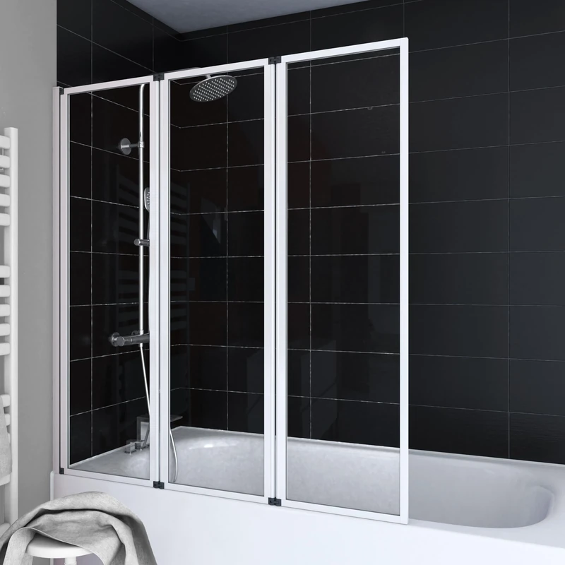 Marwell Triple White Shower Screen for Bathtub 125 x 143 cm Folding Bath Screen in White Bath Attachment with Clear Glass