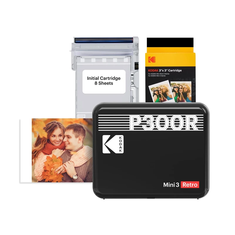 KODAK Mini 3 Retro 4PASS Portable Photo Printer (7.5x7.6cm) - Pack with 38 Sheets, Black