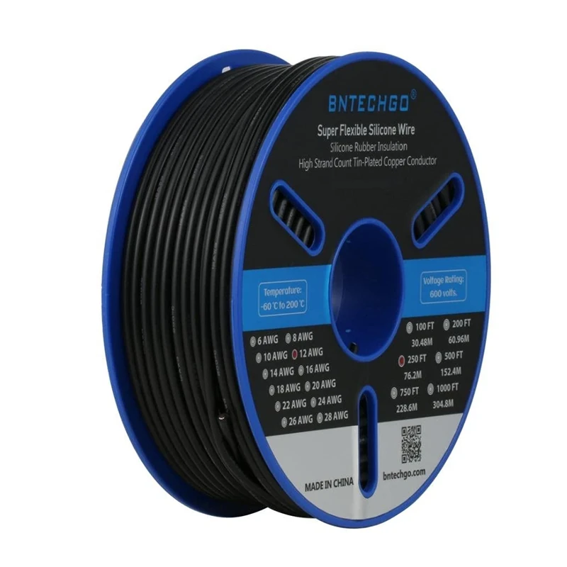 BNTECHGO 12 Gauge Silicone Wire Spool 250 ft black Flexible 12 AWG Stranded Tinned Copper Wire