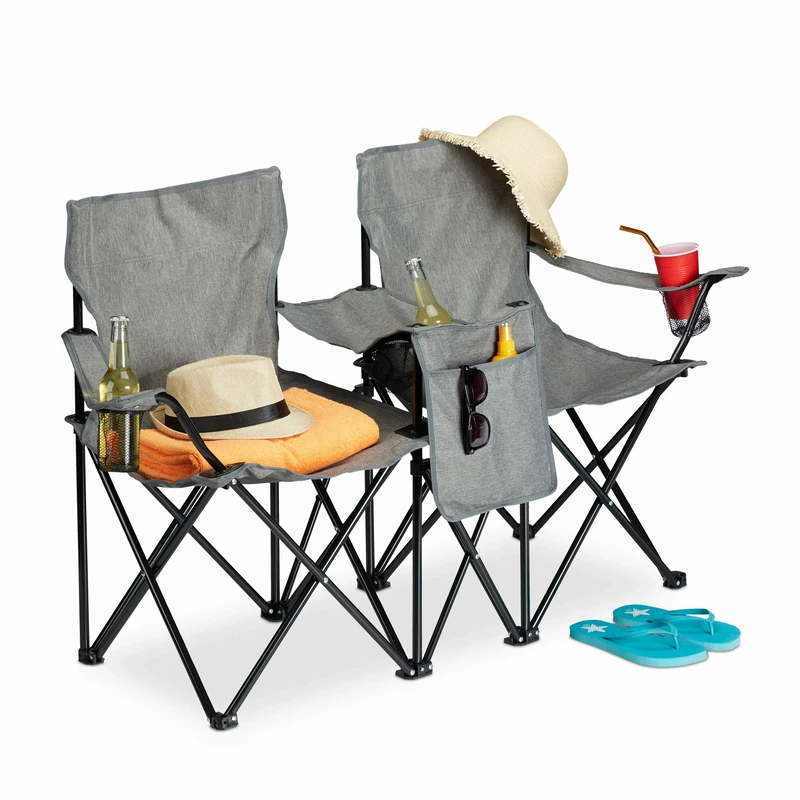 Relaxdays Double Camping Chair, Folding Double Armchair, Drinks Holder, Storage, Portable HlP 80 x 139 x 46 cm, Grey