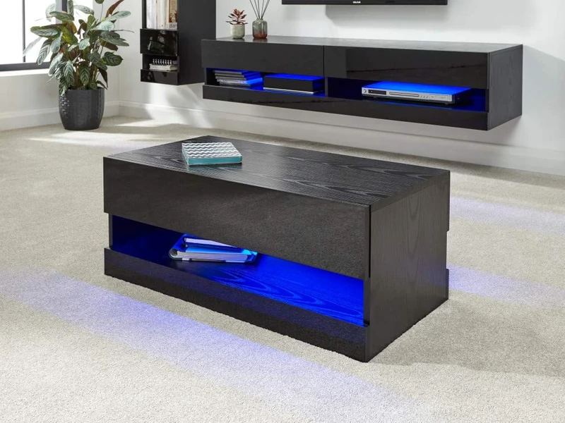 GFW Galicia Floor LED Coffee Table & TV Unit For Living Entertainment Room With Storage Space High Gloss Table Suitable For Living Room & Bedroom Engineered Wood, Black, H-30cm x W-75cm x D-38cm