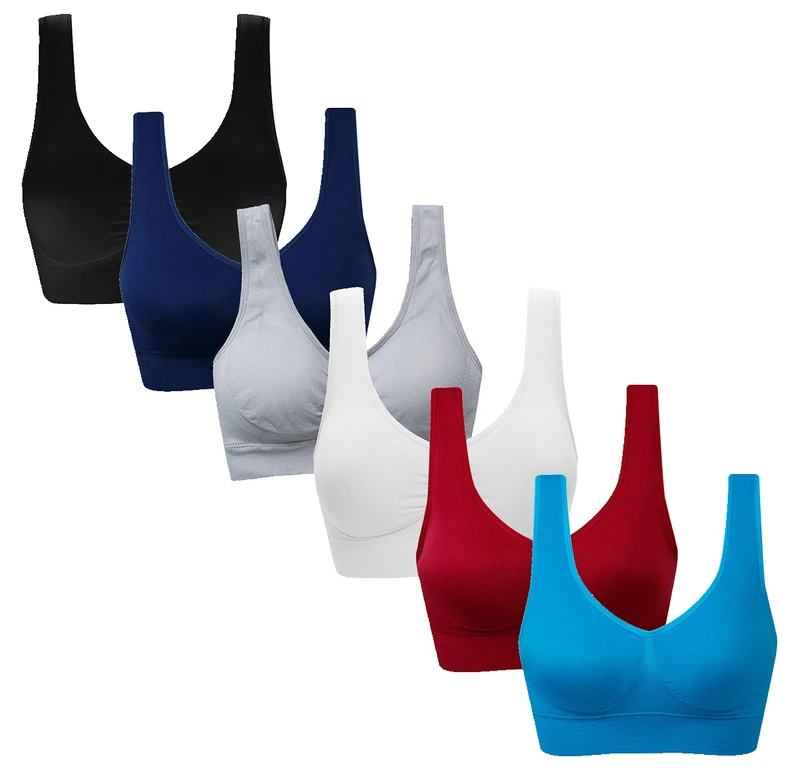 Vermilion Bird Women's 3 Pack Seamless Comfortable Sports Bra with Removable Pads, 6 Pack: Black White Grey Navy Aqua Merlot, L