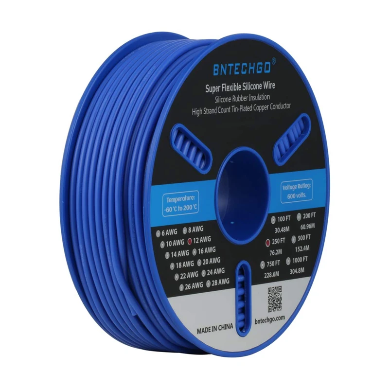 BNTECHGO 12 Gauge Silicone Wire Spool 250 ft Blue Flexible 12 AWG Stranded Tinned Copper Wire