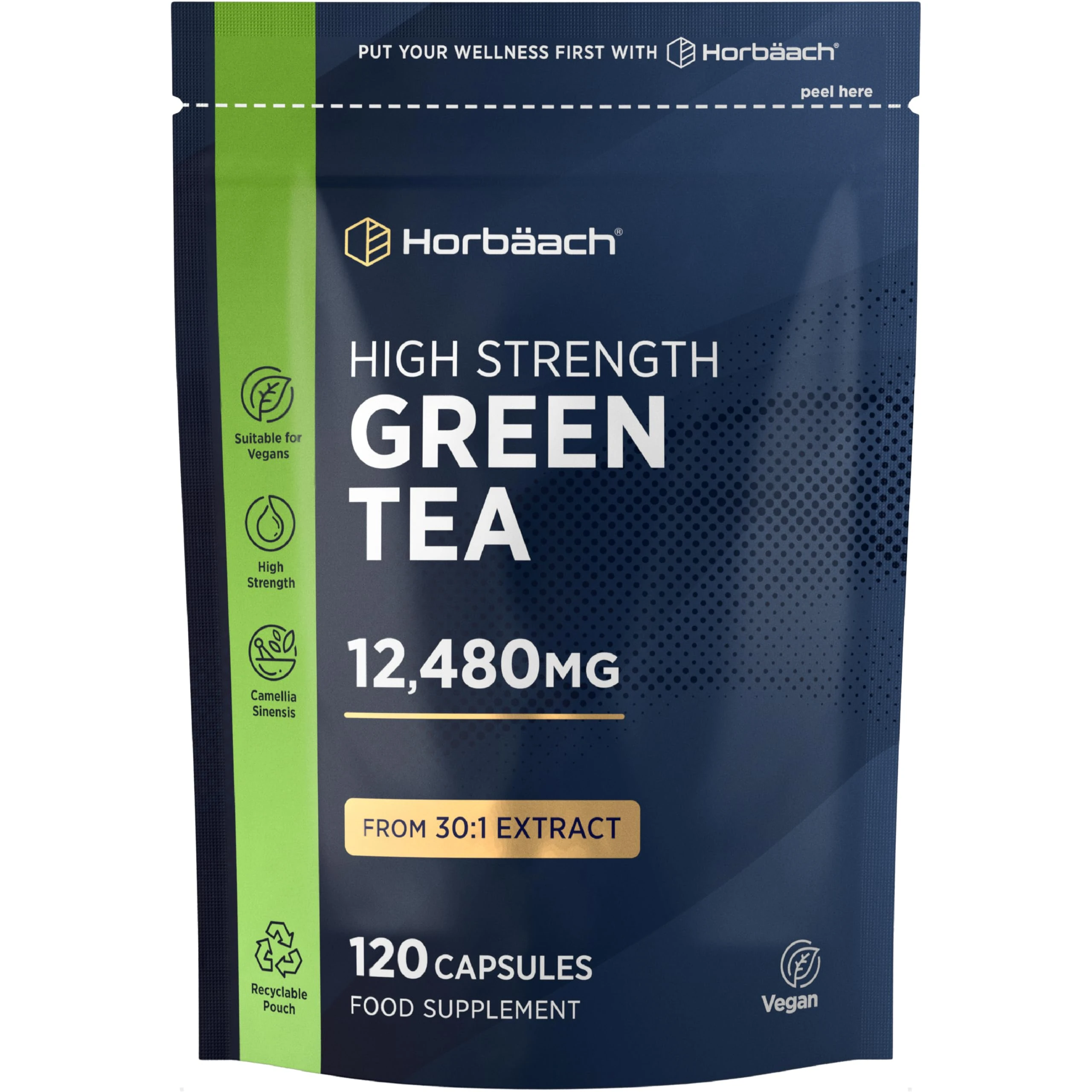 Green Tea Capsules 12480mg | High Strength Extract | 120 Powder Capsules | Vegan & Vegetarian | by Horbaach