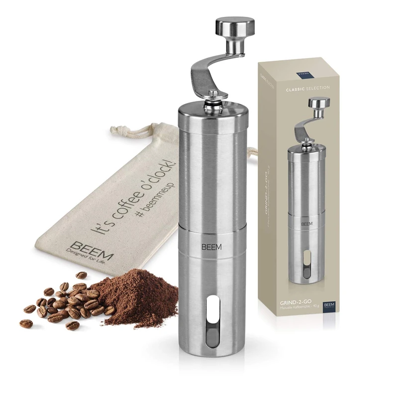 BEEM GRIND-2-GO Manual Coffee Grinder - 40g | Cone Grinder | Grinding Level Adjustment Infinitely | Cotton Bag | Manual Coffee Grinder | Stainless Steel | Coffee