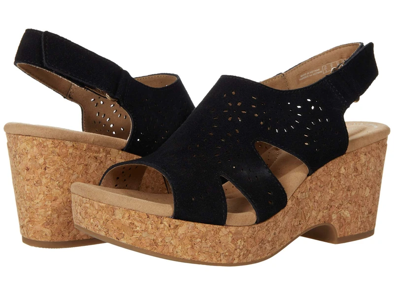 Clarks Women's Giselle Bay Wedge Sandal, Black Suede, 6 UK