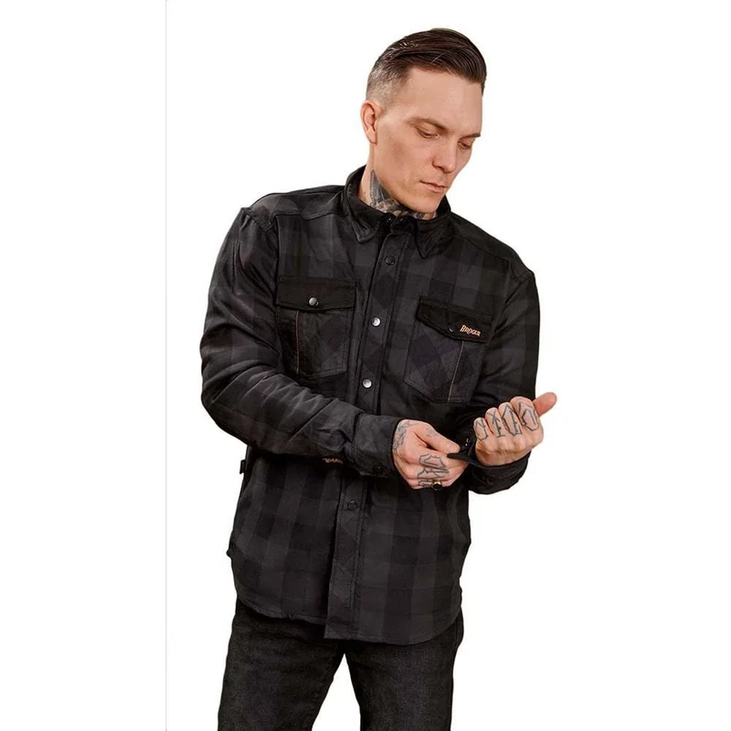BROGER Alaska Men's Motorcycle Shirt, 100% Cotton, Aramid Fibre Lining, Elbow and Shoulder Protectors, Regular Fit Black/Grey