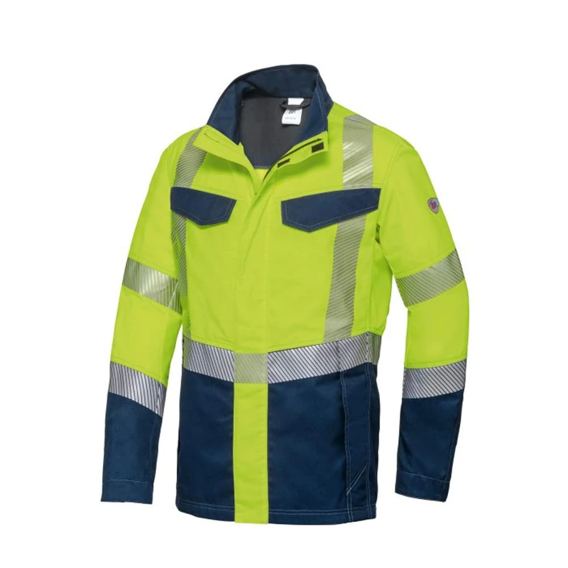BP 2208-590-6614-64/66n Work Jacket for Men Stand-Up Collar, Concealed Zip and Press Stud Strap, Warning Yellow/Midnight Blue, 64/66n