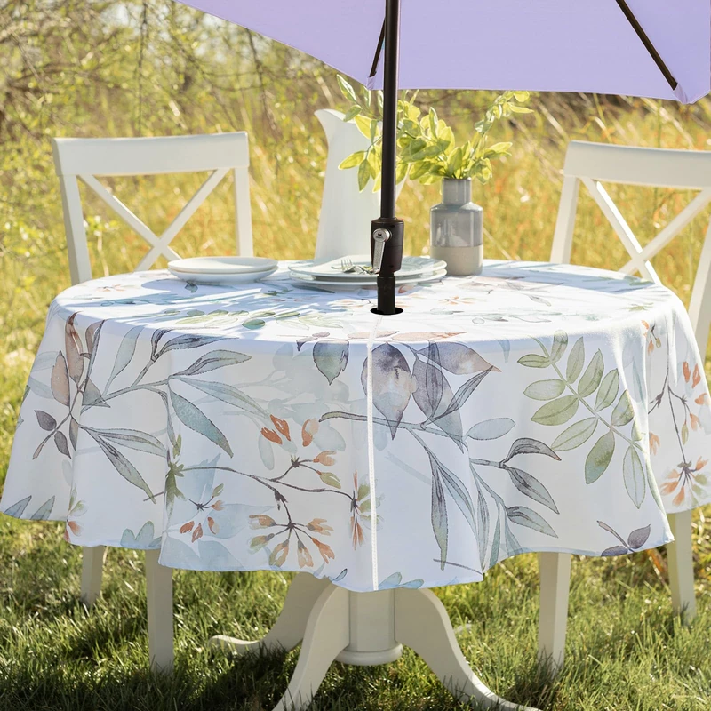 Benson Mills Spillproof Spring/Summer Fabric Outdoor Tablecloth with Umbrella Hole, Zippered Table Cloth for Round Tables, Picnic/Patio Table (70" Round with Umbrella Hole, Botanica)