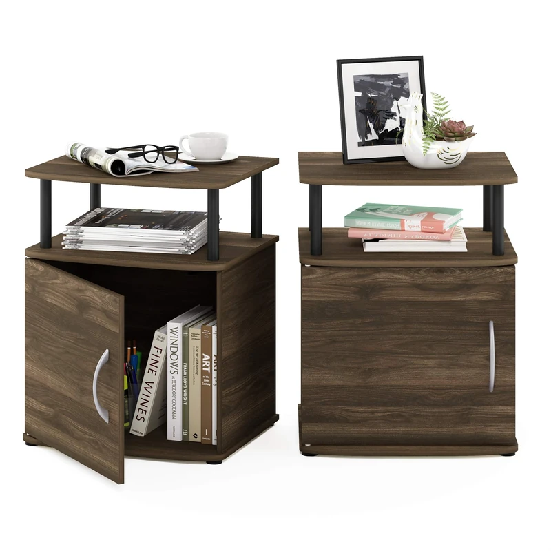 Furinno JAYA Side Table Set of 2, 2-Tier Open Shelf End Table with Door Cabinet, Soft-edges Night Stand, Bedside Table, for Living Room, Bedroom, Columbia Walnut