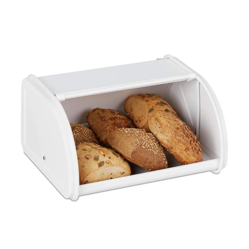Relaxdays Bread Bin, Powder-Coated Steel, Bread Storage Box, H x W x D: 13.5 x 26 x 21 cm, Bread Container, White