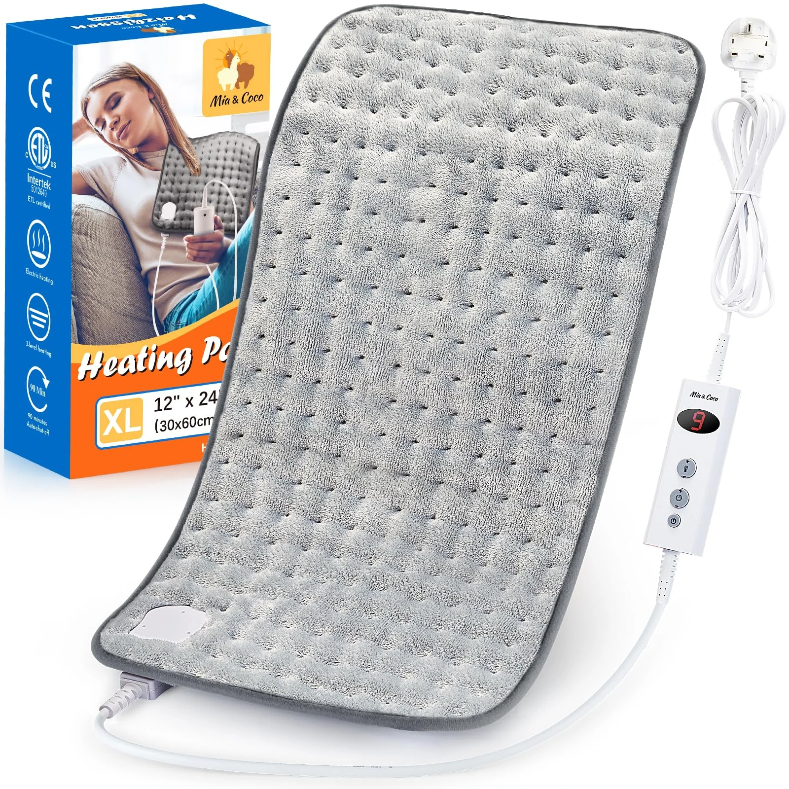 Electric Heating Pad for Back Neck Shoulders, Heat Pad with Auto Shut Off in 90 min, 10 Heat Level Settings, Fast Heated Pad 100% Soft Comfortable Polyester, Machine Washable 12"x24" (30x60cm) Grey