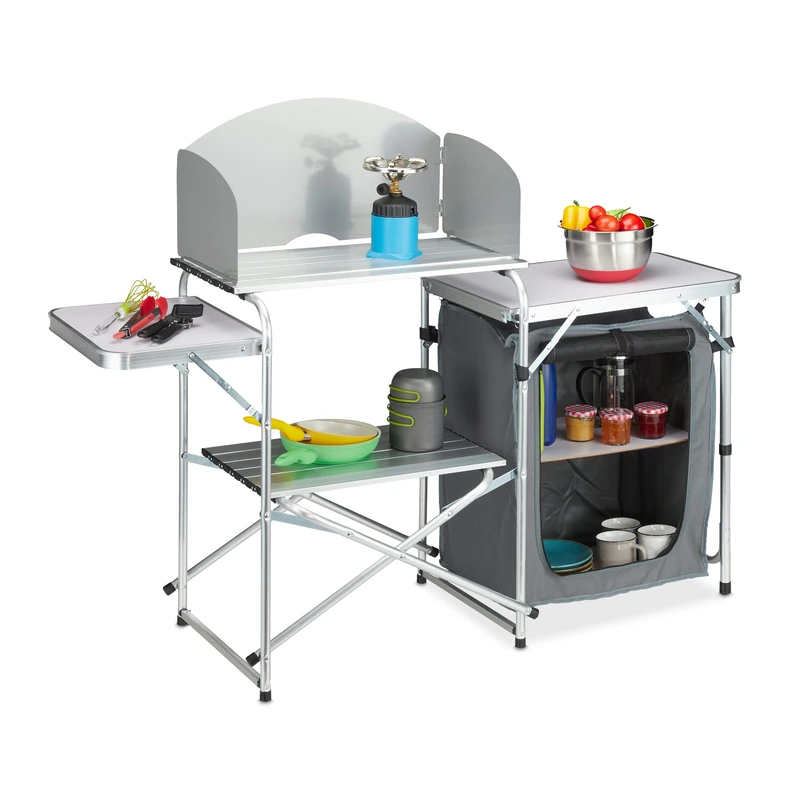 Relaxdays Camping Kitchen with Windbreak, Stable, Foldable, incl. Carrying Bag, Cabinet, 111 x 147 x 46 cm, White/Grey