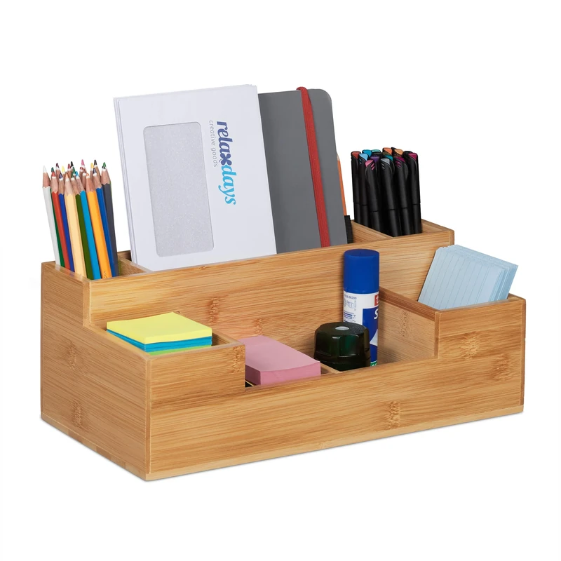 Relaxdays Desk Organiser, 7 Compartments, H x W x D: 11 x 30 x 15 cm, Bamboo, Natural