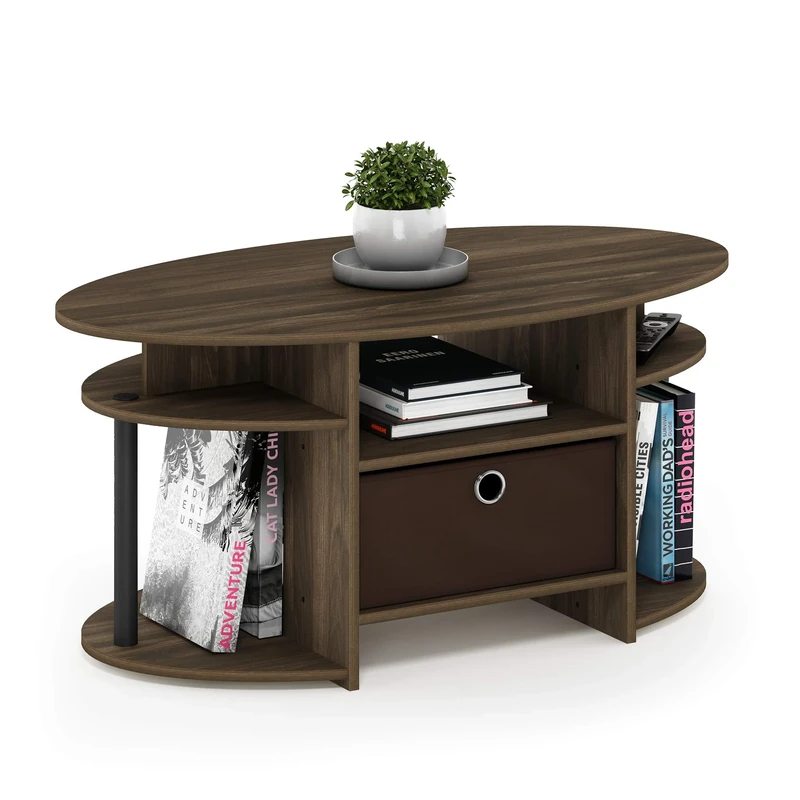 Furinno JAYA Coffee Table, Oval Modern Coffee Table with Shelves and Storage Bin, Side Table, for Living Room, Bedroom, Home Office, Columbia Walnut