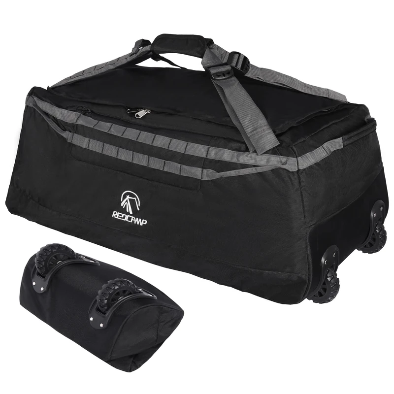 REDCAMP 140L Foldable Duffle Bag with Wheels and Backpack Straps, 1680D Oxford Extra Large Rolled Duffel Bag Backpack for Camping Travel Gear, Black, 140L Black - Image 1