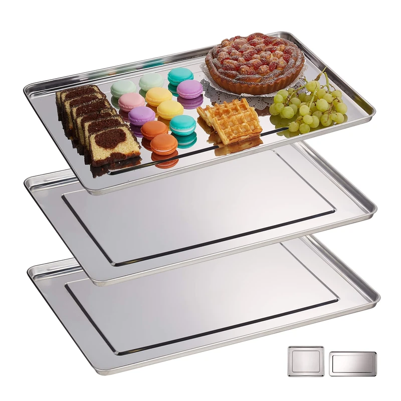 Relaxdays 10030060_60 RelaxdaysRelaxdays Serving Trays, 3X Set, Stainless Steel, Dishwasher Safe, Canapé Plate, HxW: 48 x 33 cm, Silver