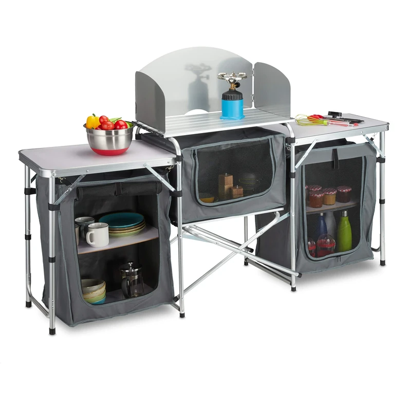 Relaxdays Unisex Adult Folding Camping Kitchen Outdoor Kitchen Camping with Carry Bag Aluminium Frame Outdoor Kitchen White Grey 1 Piece