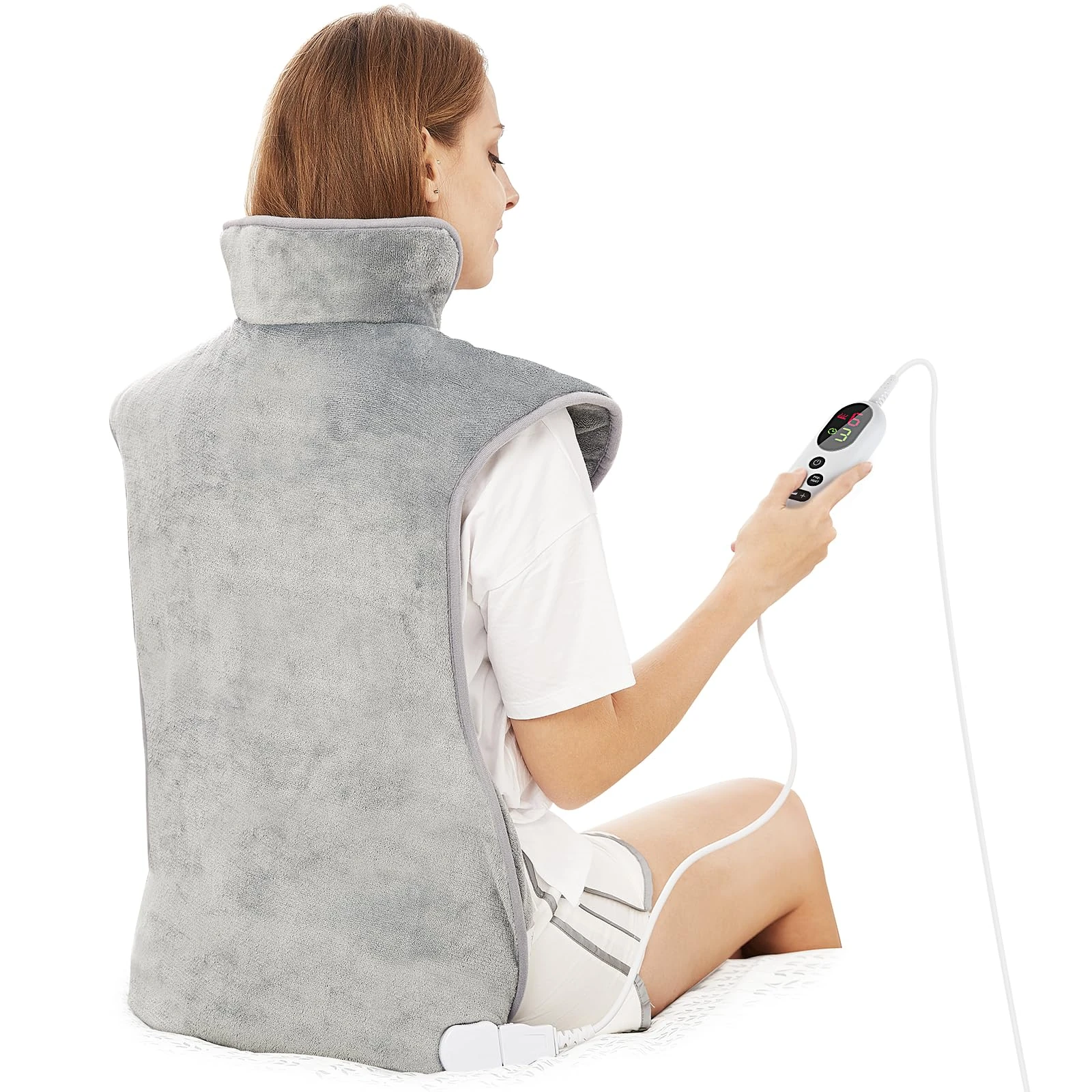 Mia&Coco Electric Heating Pad for Back Neck and Shoulders Pain Relief, (60x100cm) Heated Warmer Fast-Heat Hot Therapy Warp with Waist Strap, 6 Heat Levels, Auto-Off Timer - Comfort Grey