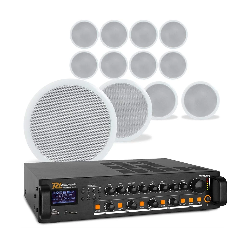 Power Dynamics 4-Zone Ceiling Speaker System with 12x 8 Inch CSPB8 Ceiling Speakers, Bluetooth Mixer Amplifier & 100m Speaker Cable - Commercial PA Audio Solution for Music, Paging & Background Sound