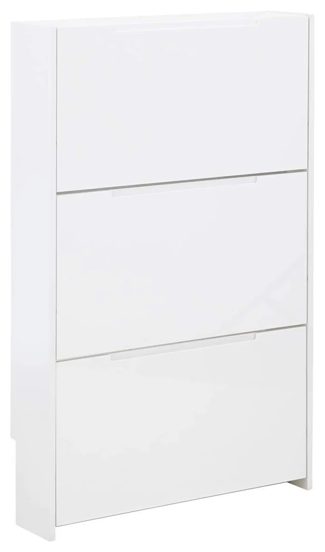 GFW Narrow High Gloss 3 Tier Shoe Cabinet Stores Up To 9 Shoes, Wooden Slim Shoe Organiser Cabinets for Home Entryway, Hall & Bedroom, White, H-112cm x W-72cm x D-17cm