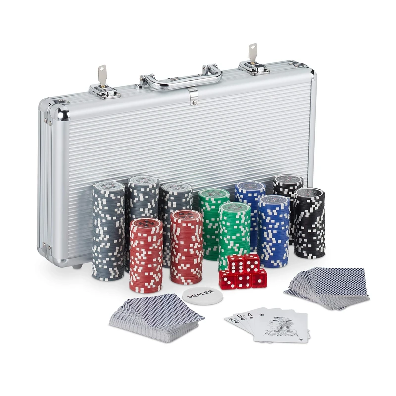 Relaxdays Poker Set, 300x Chips, 2 Card Decks, 5 Dice, Dealer Counter, Travel Case, Professional, Casino Night, Silver