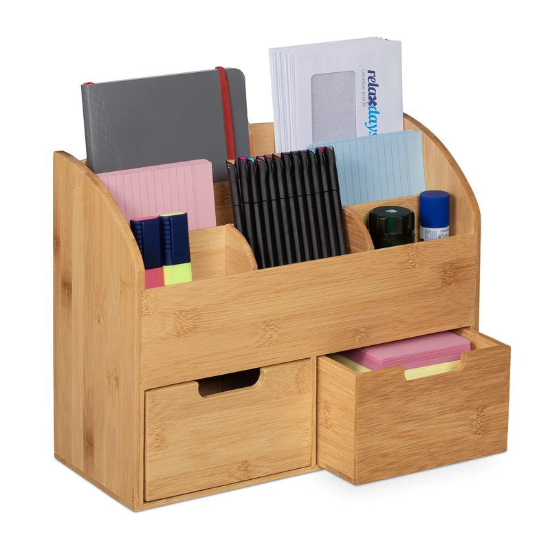 Relaxdays Desk Organiser, 6 Compartments and 2 Drawers, H x W x D: 26 x 33 x 13.5 cm, Bamboo, Natural