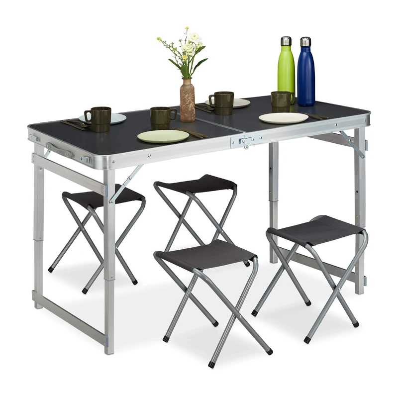 Relaxdays Camping Table Set, Foldable, 4 Chairs, Foldable, Height Adjustable, 120 x 60 cm, Aluminium, MDF, Silver/Grey
