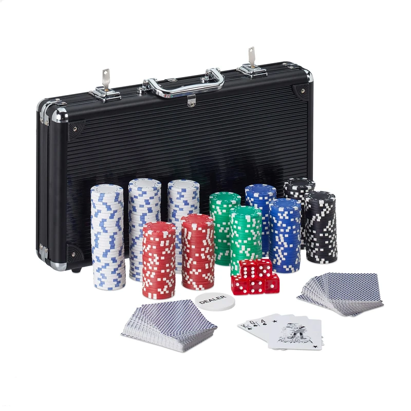 Relaxdays Poker Set, 300x Chips, 2 Card Decks, 5 Dice, Dealer Counter, Travel Case, Professional, Casino Night, Black