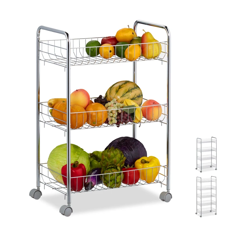 Relaxdays 10030061_348 Metal Shelf Storage Trolley, 3 Tiers, Rolling Cart for Kitchen & Bathroom & Office, HBT 62.5 x 40.5 x 26.5 cm, Silver, Steel