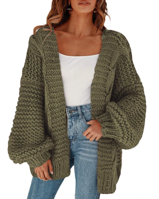 Cicy Bell Women's Open Front Chunky Knit Cardigan Loose Lantern Sleeve Oversized Sweater Coats - Green - Small - Image 1