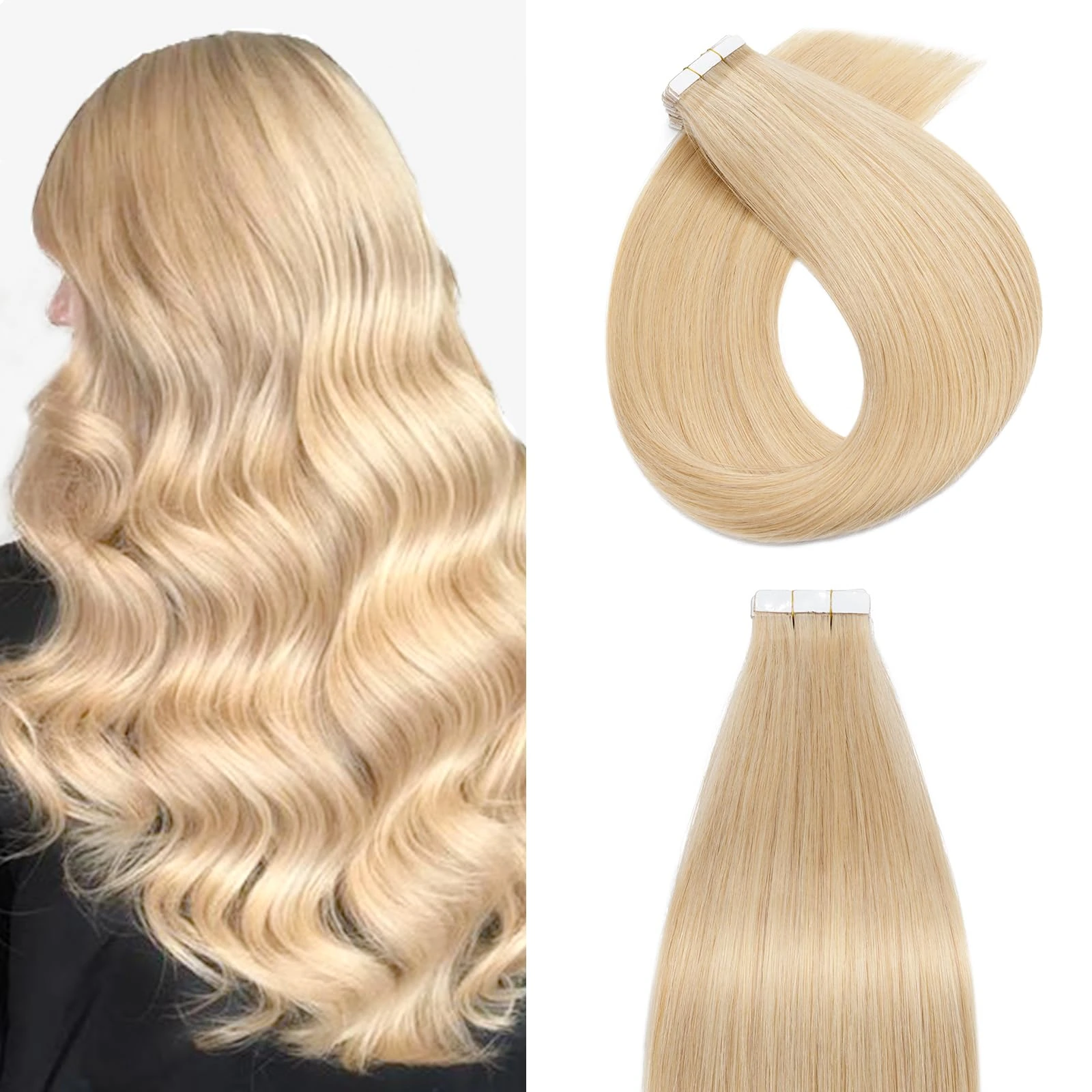 Silk-co Tape in Hair Extensions 20 Pieces 100% Real Remy Human Hair #24 Natural Blonde Skin Weft Seamless Straight Silky Soft Hair Extension(18inch,50g/Set)