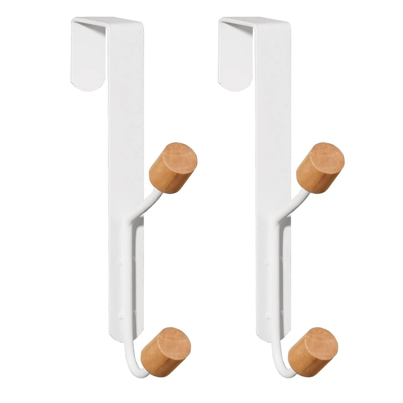 HYMIKO Over Door Hooks 2pk Metal & Wood Rack for Coats, Hats White