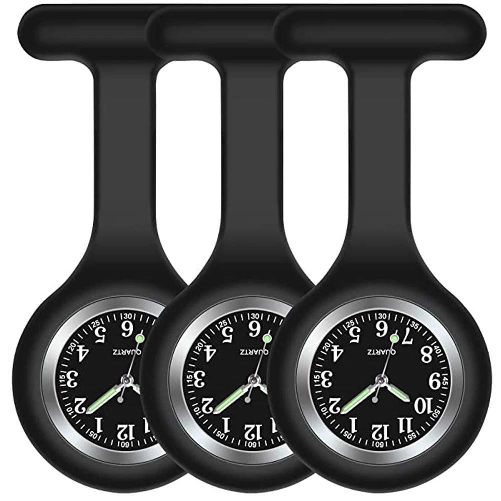 Nurse Watch Brooch, Silicone with Pin/Clip, Infection Control Design, Health Care Nurse Doctor Paramedic Medical Brooch Fob Watch (3 Black)