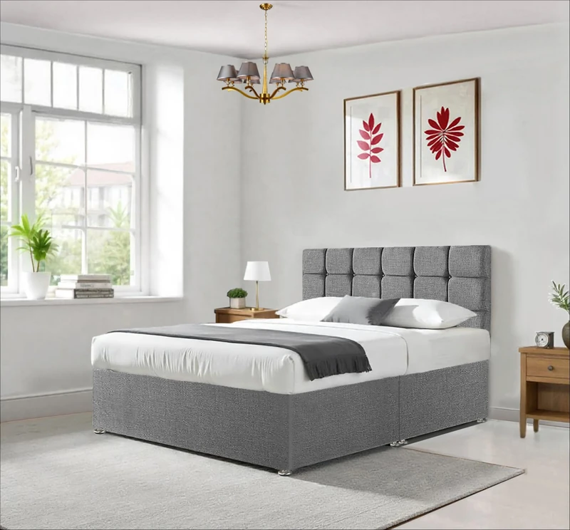 Divan Beds Deals King Size Bed Frame | Linen Fabric Grey 20 Inch Cube Headboard | 10 Inch Spring Memory Foam Mattress with 2 Drawers