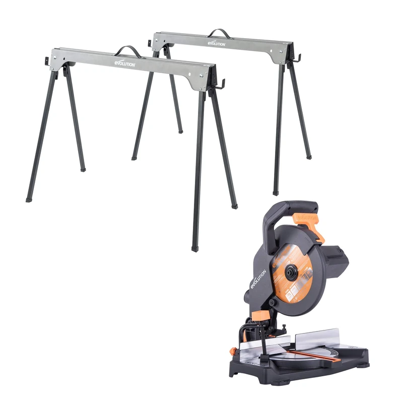 Evolution Power Tools Compact Folding Saw Horses (Pair) Supports up to 500KG with Evolution Power Tools 046-0001A R210CMS, 210mm (230V)