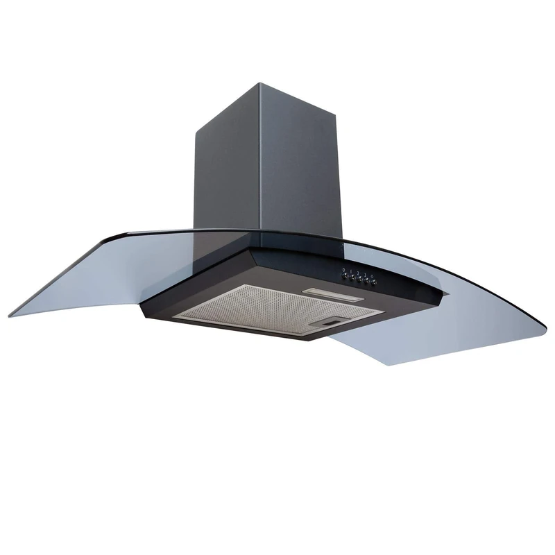 90cm Black Smoked Curved Glass Chimney Cooker Hood LED Kitchen Extractor Fan