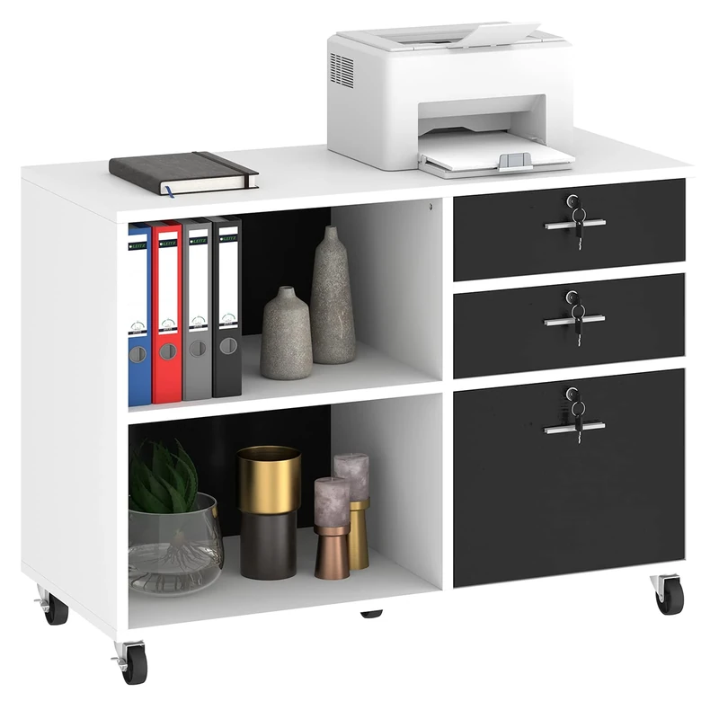 YITAHOME Wood File Cabinet, 3 Drawer Mobile Lateral Filing Cabinet, Storage Cabinet Printer Stand with 2 Open Shelves for Home Office Organization, White, 35.0"*15.6"*25.6"(L*W*H) (wheels included)