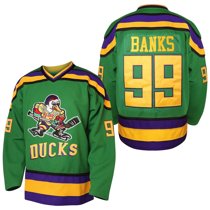villa Mighty Ducks Jersey #96 Charlie Conway #99 Adam Banks #33 Greg Goldberg #66 Gordon Bombay Movie Hockey Jersey White Green (99 Green, XX-Large), Green,White, XXL