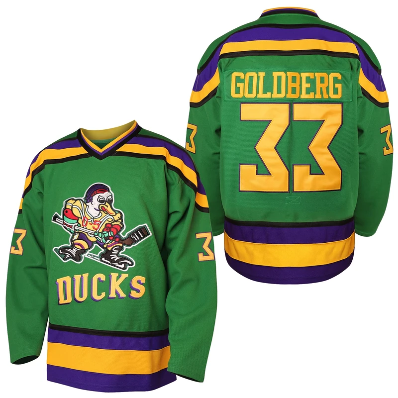 villa Mighty Ducks Jersey #96 Charlie Conway #99 Adam Banks #33 Greg Goldberg #66 Gordon Bombay Movie Hockey Jersey White Green (33 Green, X-Large), Green,White, XL