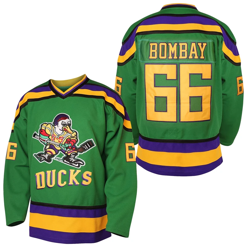villa Mighty Ducks Jersey #96 Charlie Conway #99 Adam Banks #33 Greg Goldberg #66 Gordon Bombay Movie Hockey Jersey White Green (66 Green, Small), Green,White, S