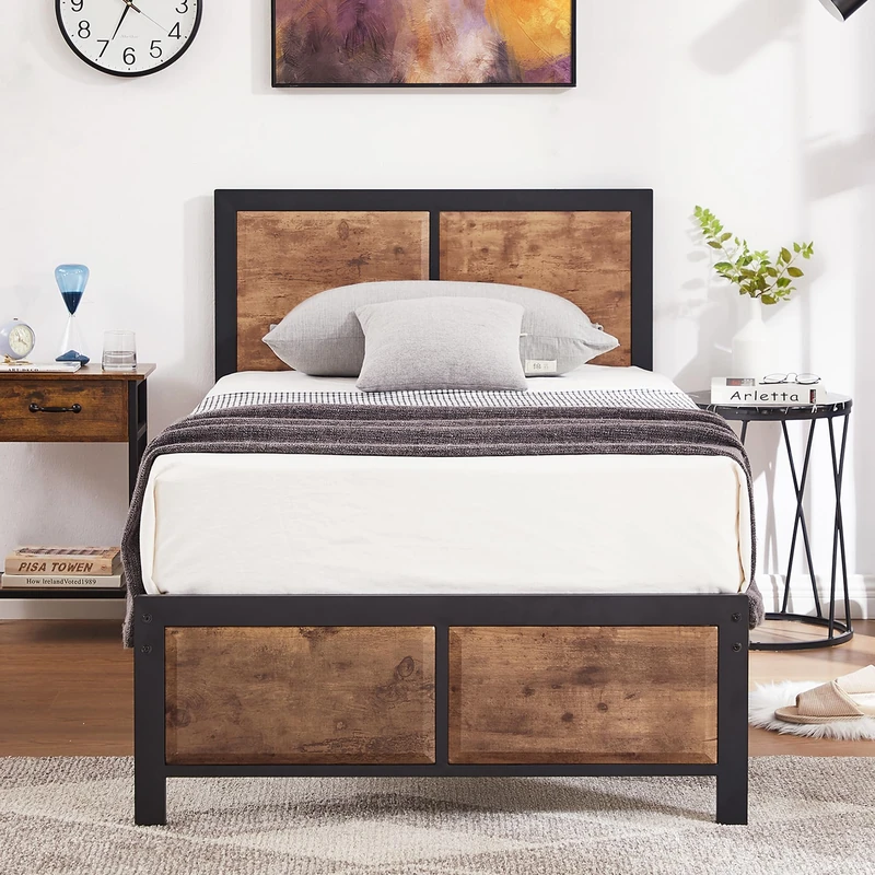 VECELO Single Platform Bed Frame with Rustic Vintage Wood Headboard, Mattress Foundation, Strong Metal Slats Support, No Box Spring Needed - Image 1