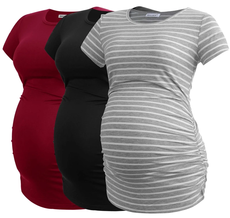 Smallshow Women's Maternity Tops Side Ruched Tunic T-Shirt Pregnancy Clothes, Black/Light Grey Stripe/Wine, M